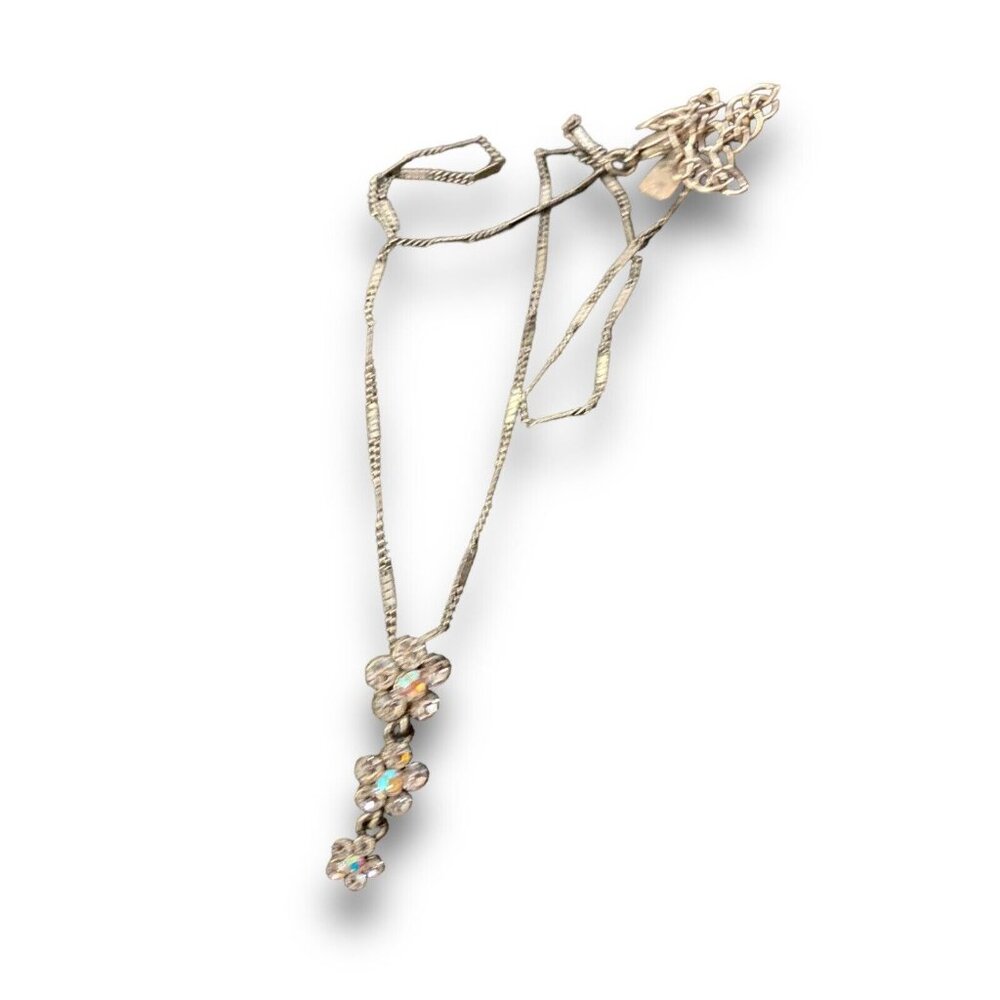 1928 Co Necklace Boho Flower Drop Aurora Borealis AB Crystal Silver Pendant - Picture 3 of 3